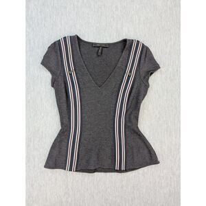 BCBGMAXAZRIA Shirt Womens Small Gray Monica V Neck Peplum Stripe Short Sleeve